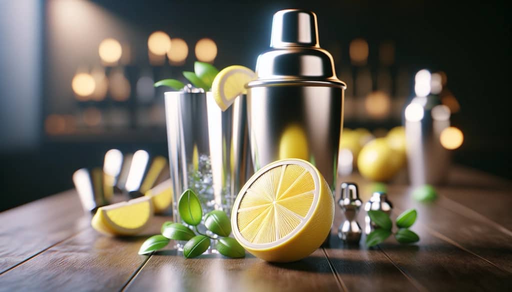 lemon wedge and cocktail shaker prepping fresh cocktail