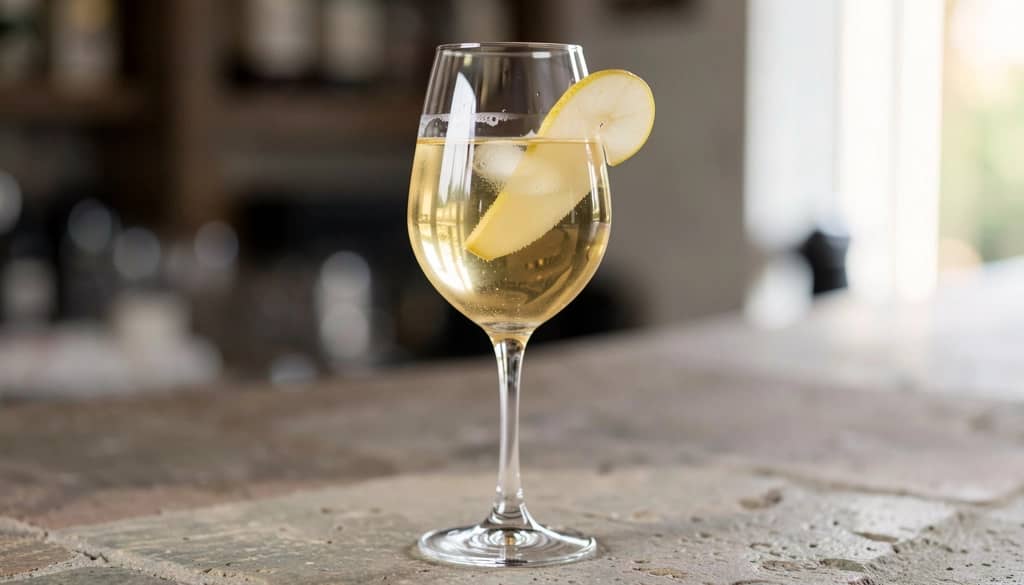 Lillet Blanc spiced pear spritz with pear slice garnish