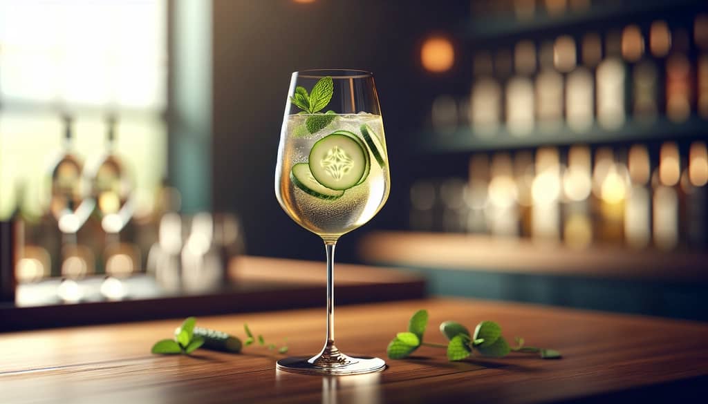 lillet blanc spritz with cucumber and mint in wine glass