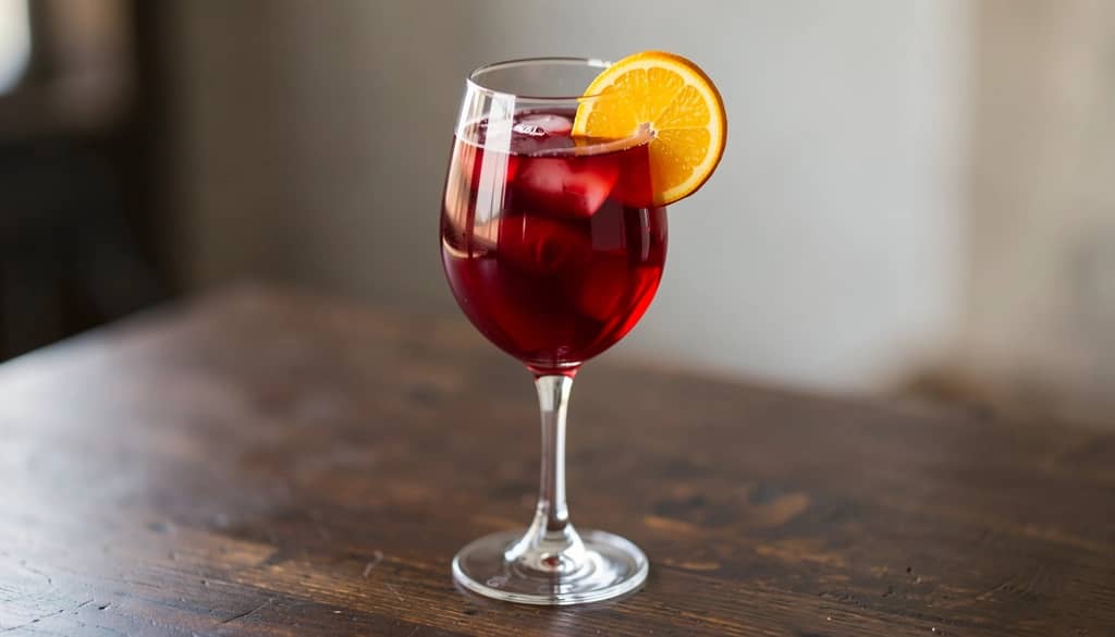 Cóctel de lillet rouge y jengibre con guarnición de rueda de naranja