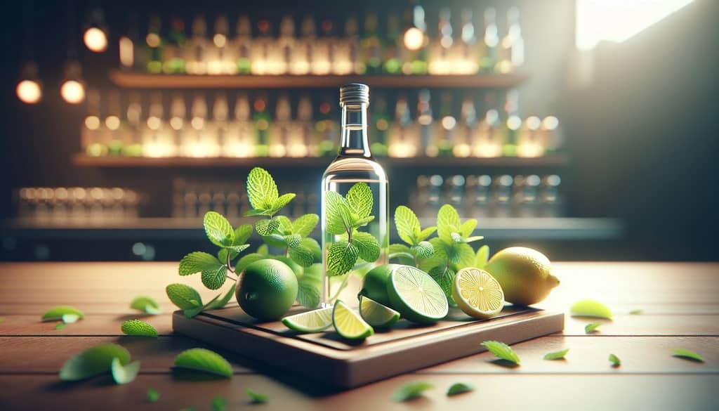 lime and lemon wedges, mint and limoncello bottle