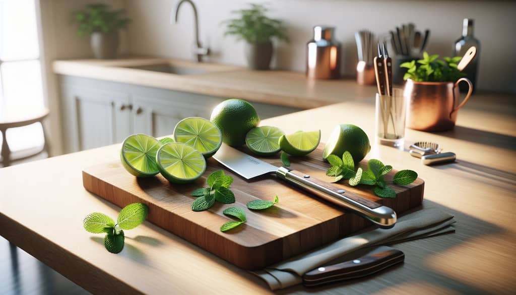 preparing lime and mint garnishes for moscow mule