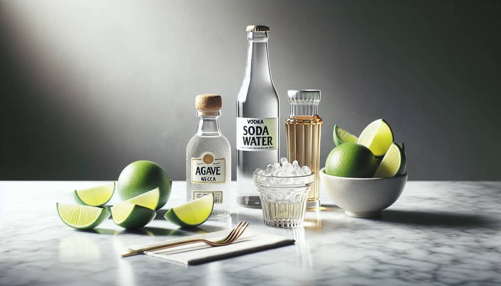 lima fresca, agua con gas, vodka y endulzante de agave sobre la barra