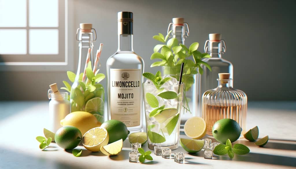 ingredients for limoncello mojito laid out on a bar
