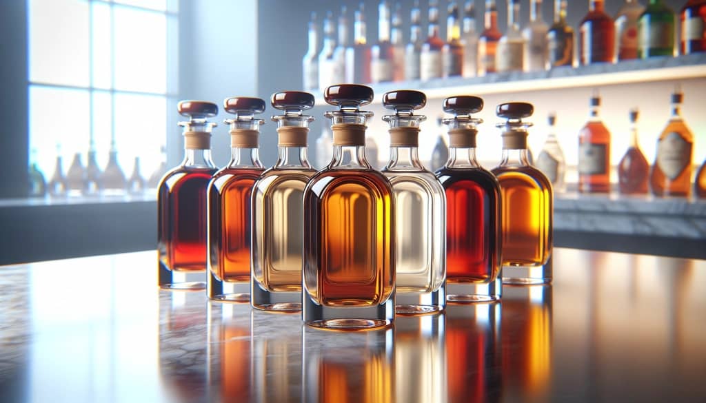 liqueurs in glass bottles and colorful liquids