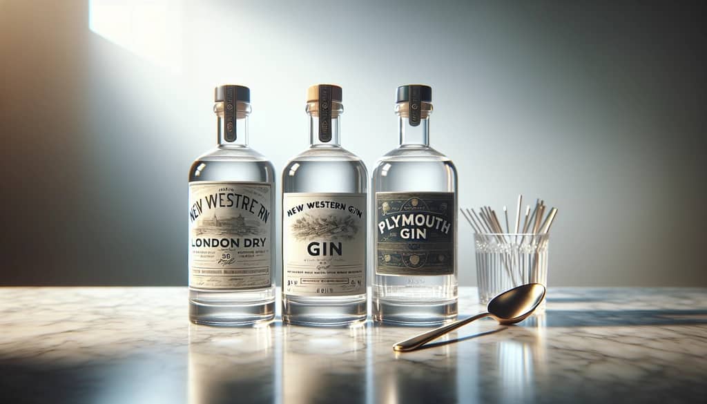 bottles of London Dry, New Western, Plymouth gin