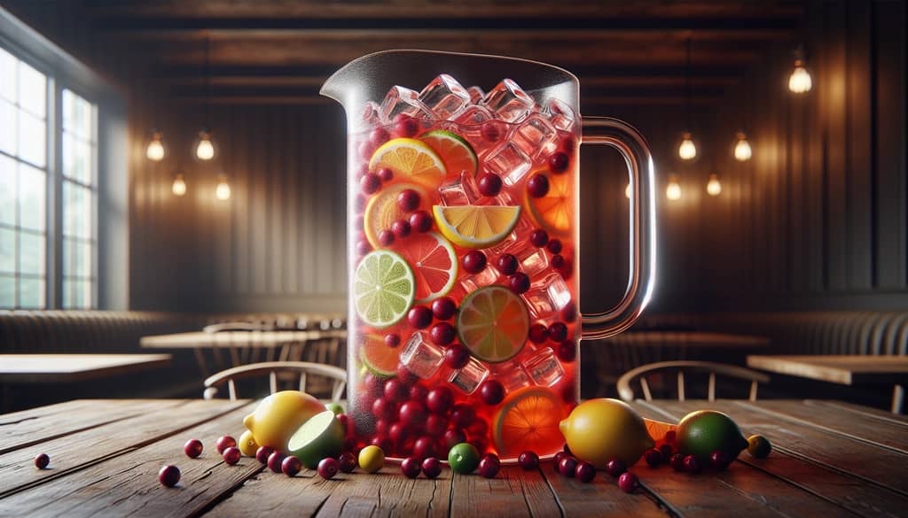 Large pitcher of Long Beach Iced Tea with floating fruit slices