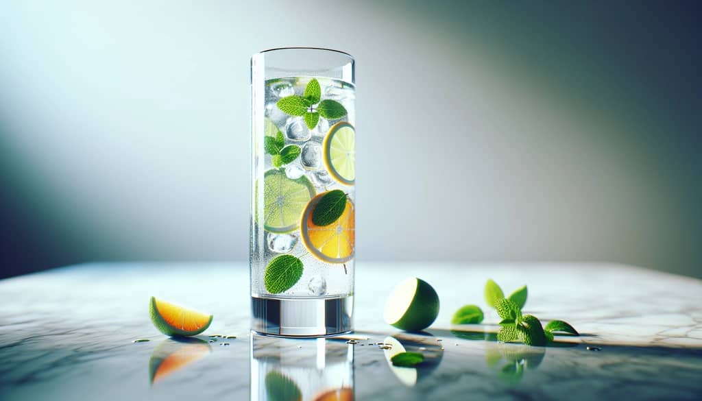 low-calorie cocktail with soda, citrus, and mint in a tall glass