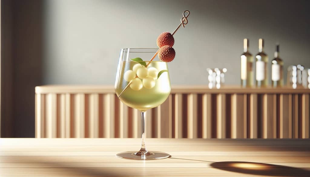 lychee green tea spritz mocktail with lychee garnish