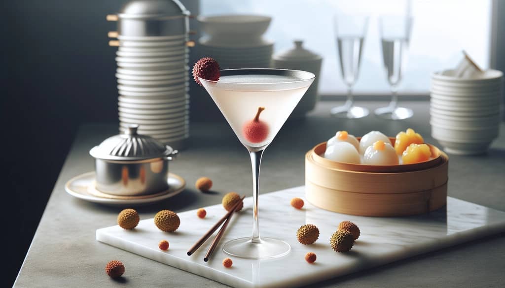 lychee martini with dim sum on marble serving board
