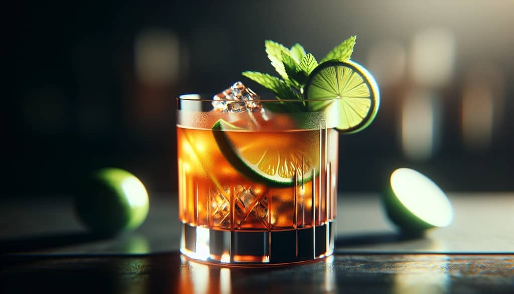 Cóctel Mai Tai con guarnición de lima y menta