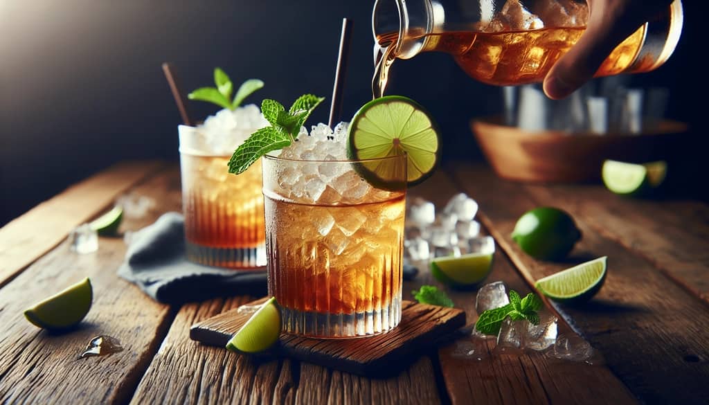Mai Tai being poured into a glass with mint garnish