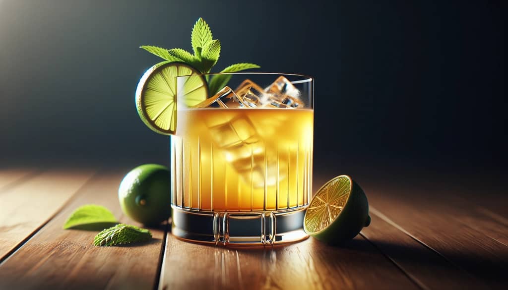 mai tai cocktail in rocks glass with lime and mint