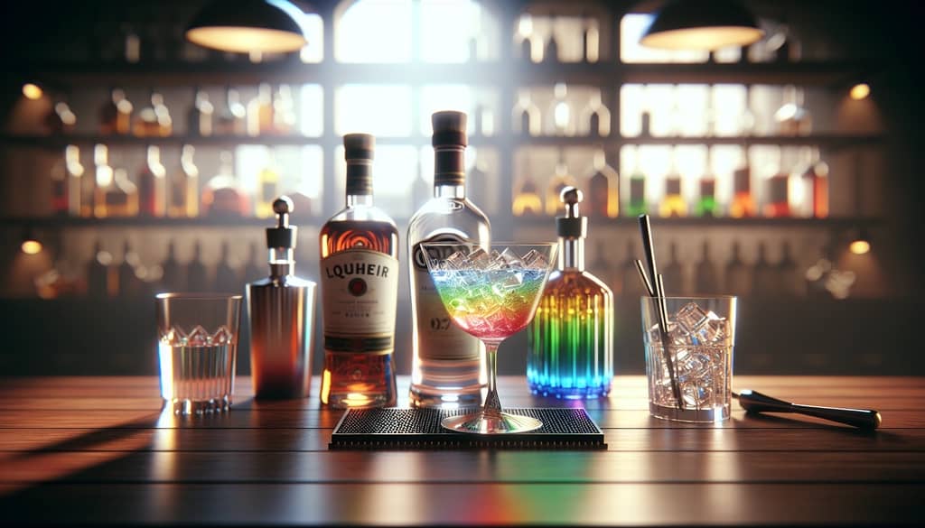bartender making a cocktail with spirits and liqueur bottles