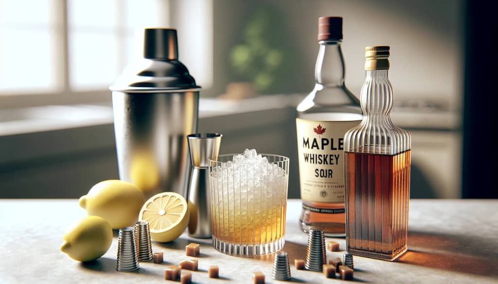 maple whiskey sour preparation with shaker and ingredients