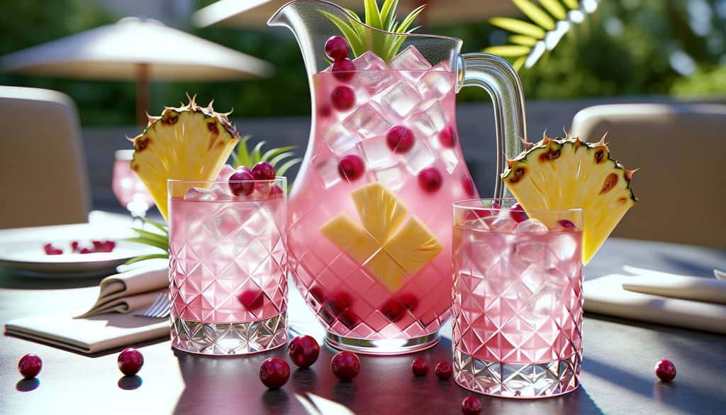 malibu pineapple cranberry punch in pitcher with glasses
