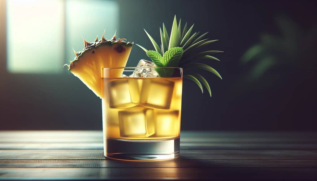 Malibu rum and pineapple juice cocktail with pineapple wedge and mint garnish