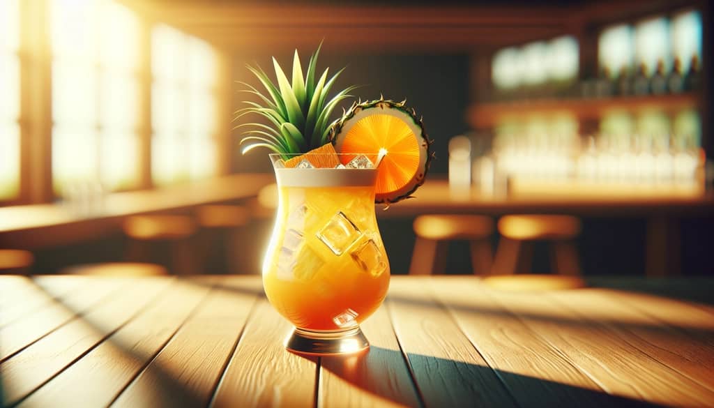 cocktail tropical avec rhum Malibu, jus d'ananas et jus d'orange avec une rondelle d'orange