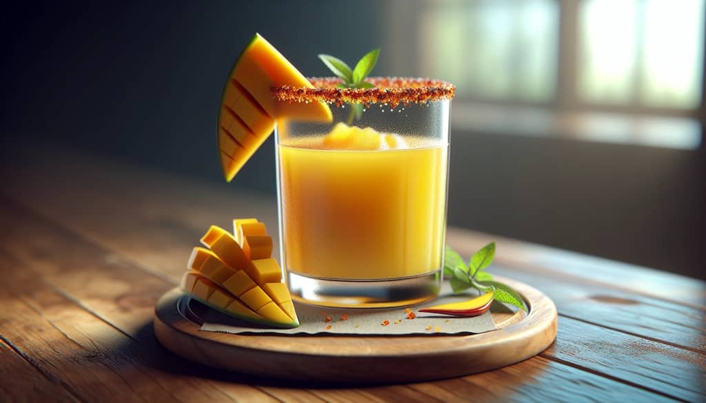 mango cocktail with chili garnish on a bar