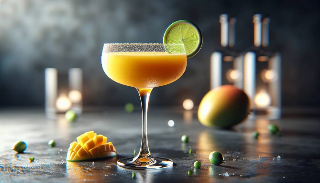 mango cocktail in coupe glass with fresh garnish