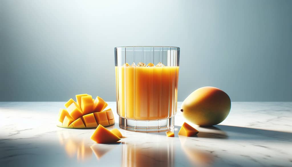 glass of pure mango juice on marble