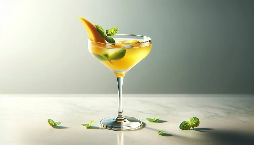 Mango mojito martini in a coupe with mint and mango garnish