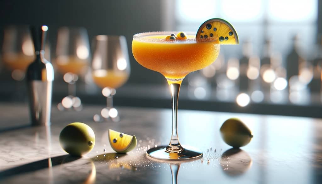 دايكيري مانجو وفاكهة العاطفة في كأس كوب مع شريحة ليمون