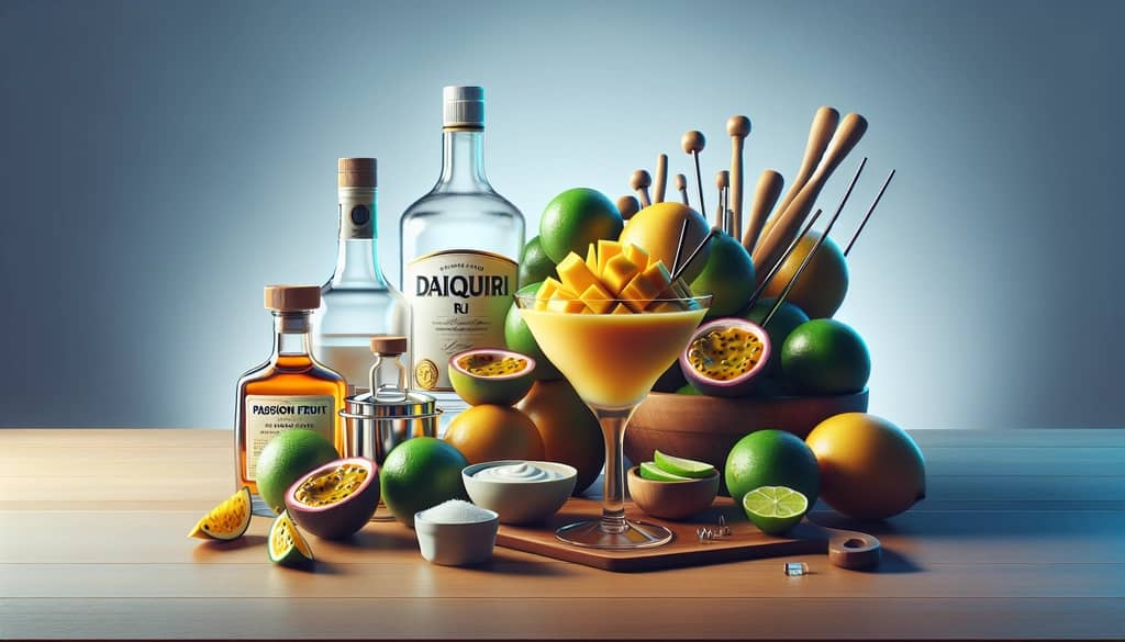 fresh mango passion fruit cocktail ingredients on bar