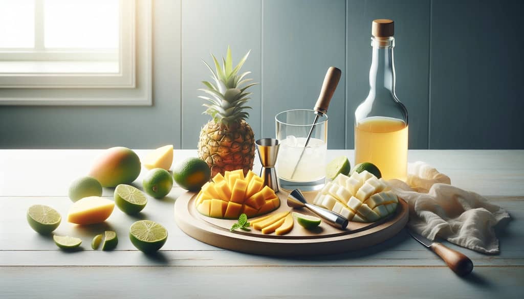 daiquiri ingredients: mango, pineapple, rum, lime