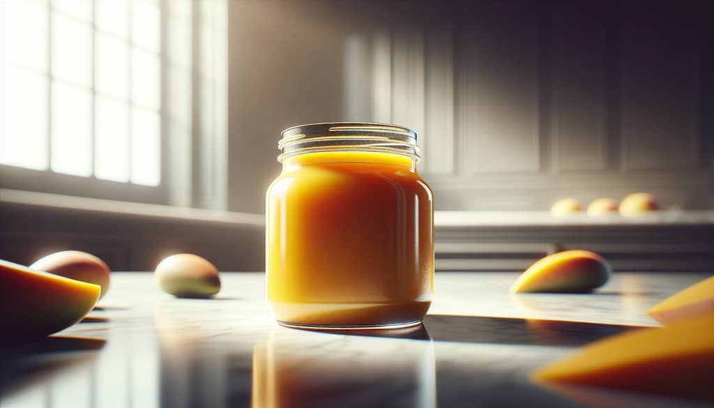 bocal en verre scellé de purée de mangue sur un plan de travail en marbre
