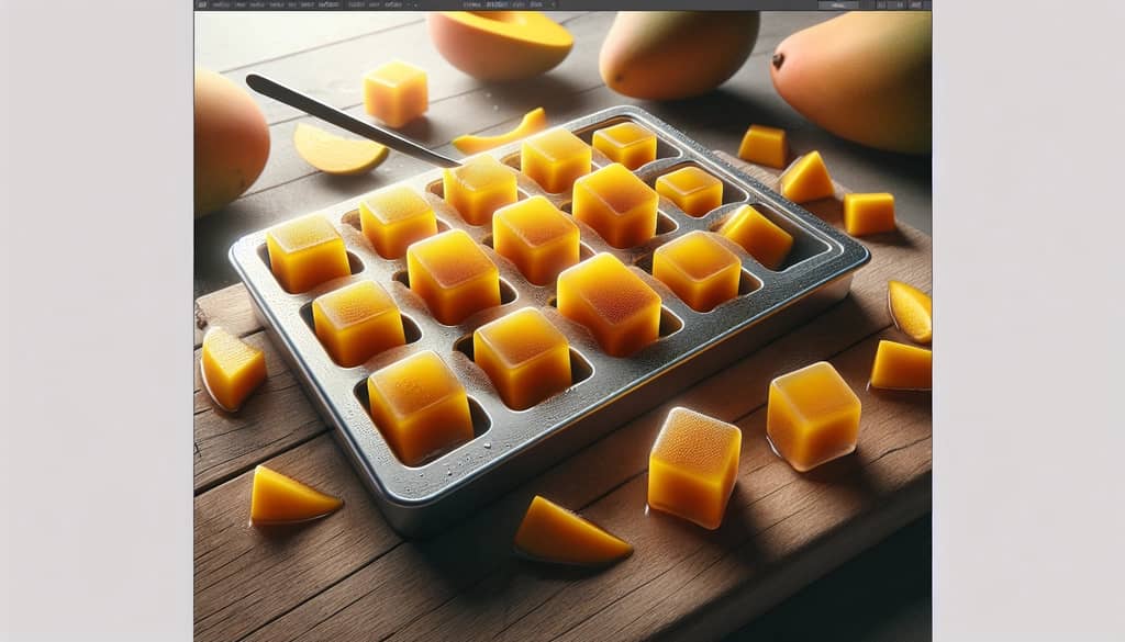 ice cube tray filled with mango puree cubes on wood surface