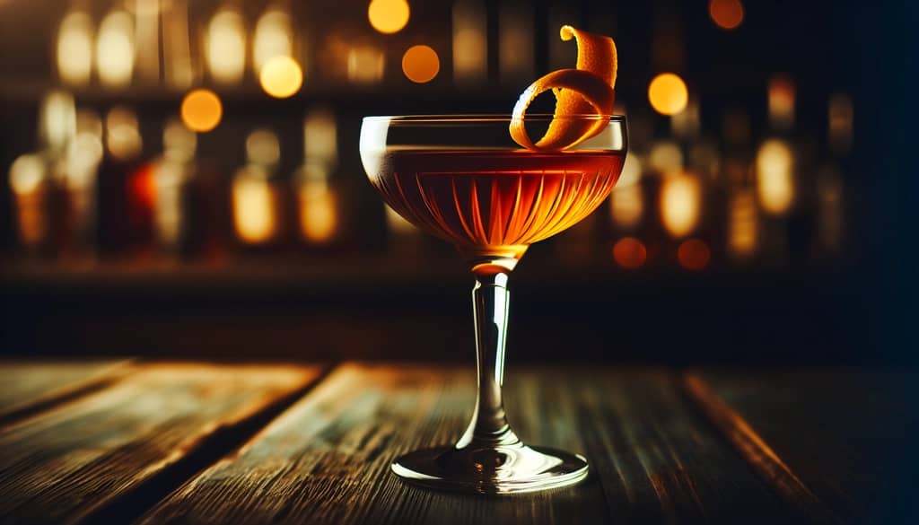 manhattan cocktail stirred at home with orange peel garnish
