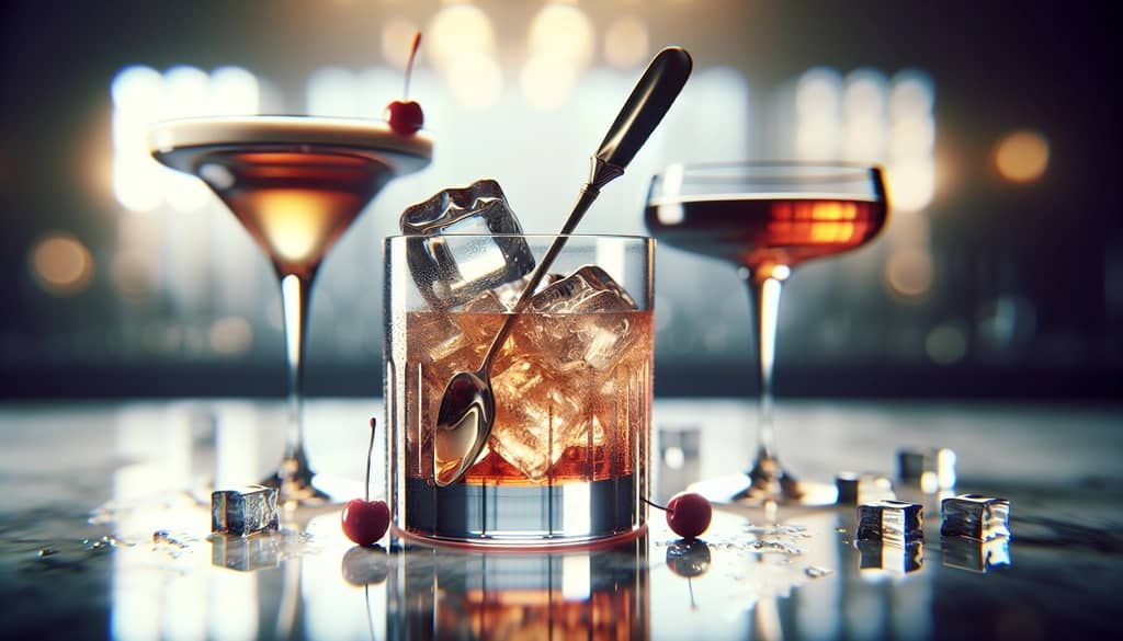 Stirring a Bourbon Manhattan in a mixing glass with ice