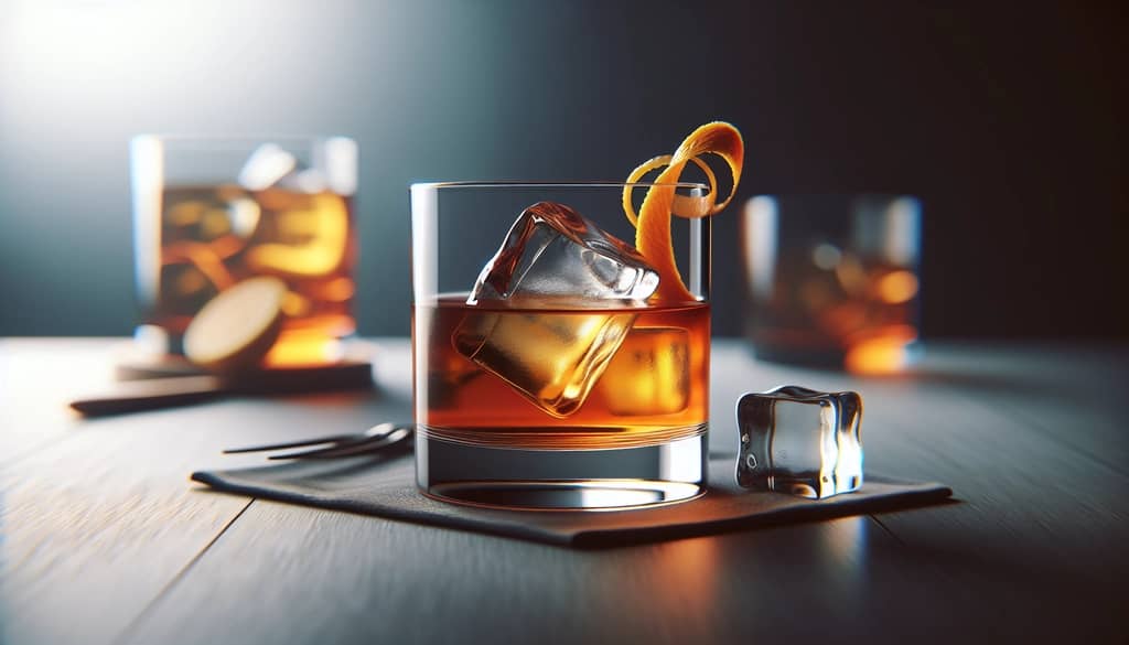 Koktail Maple Old Fashioned dalam gelas rocks dengan kulit jeruk dan es