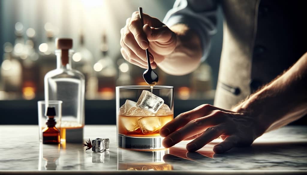 Stirring a Maple Old Fashioned in a mixing glass with bar spoon and ice