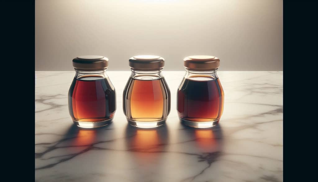 maple syrup grades in glass jars with labels
