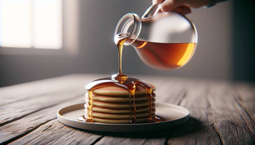 pouring maple syrup on pancakes with minimal props