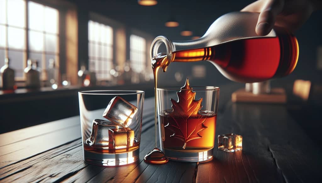 Maple syrup being poured into whiskey in a glass