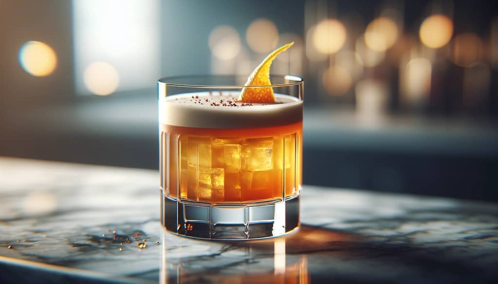 maple whiskey sour with bitters and orange twist