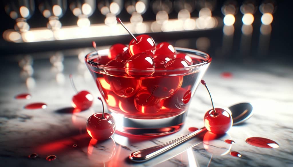 maraschino cherries in syrup with silver cocktail pick