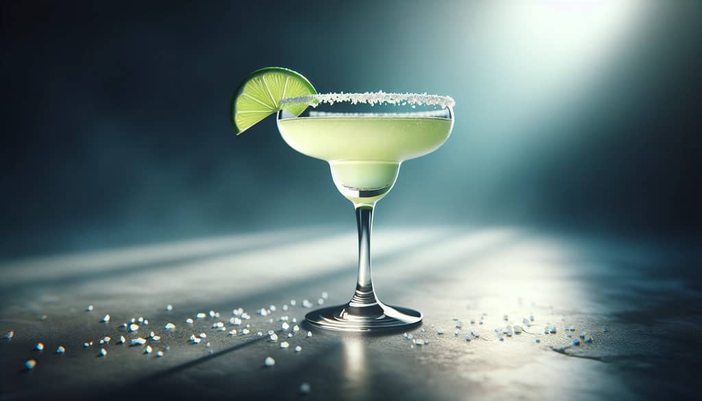 classic margarita in a coupe glass with lime wheel and salt rim