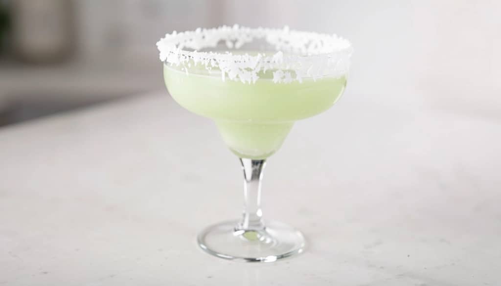 lime rimmed margarita glass with coconut flakes