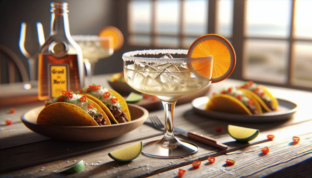 margarita and tacos on wood table