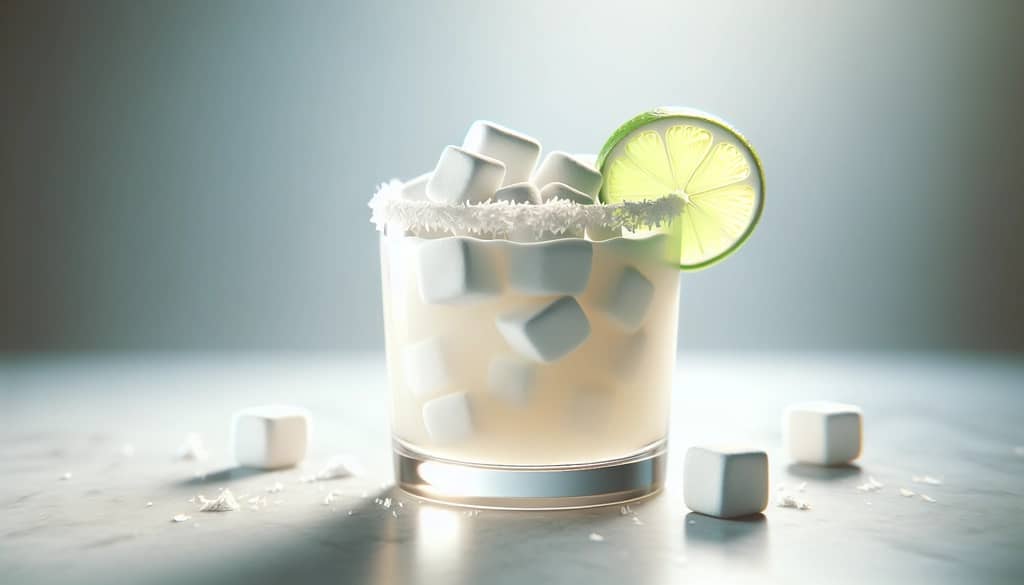 Marshmallow vodka margarita in a rocks glass with a lime wheel and coconut rim