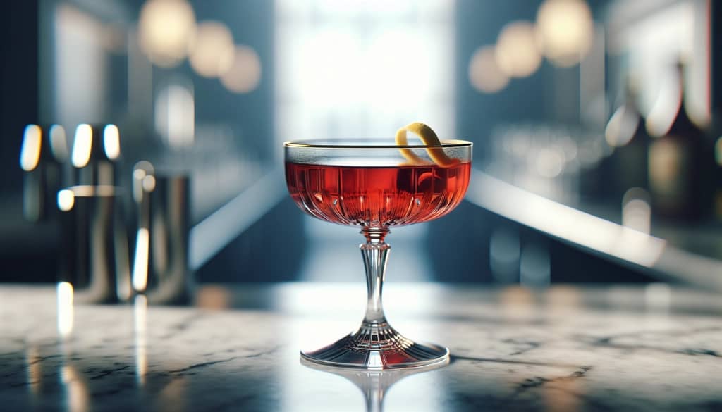 cocktail martinez cổ điển trong ly coupe với vỏ chanh xoắn