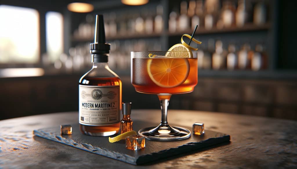 modern martinez cocktail variation with orange bitters bottle