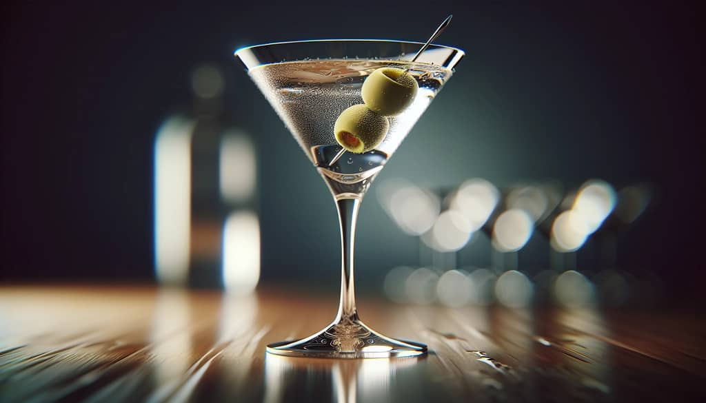 martini with olive in cocktail glass