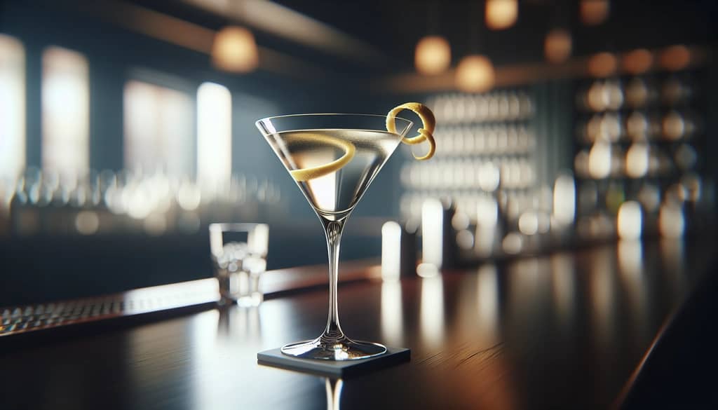 martini glass with lemon twist garnish on wood bar