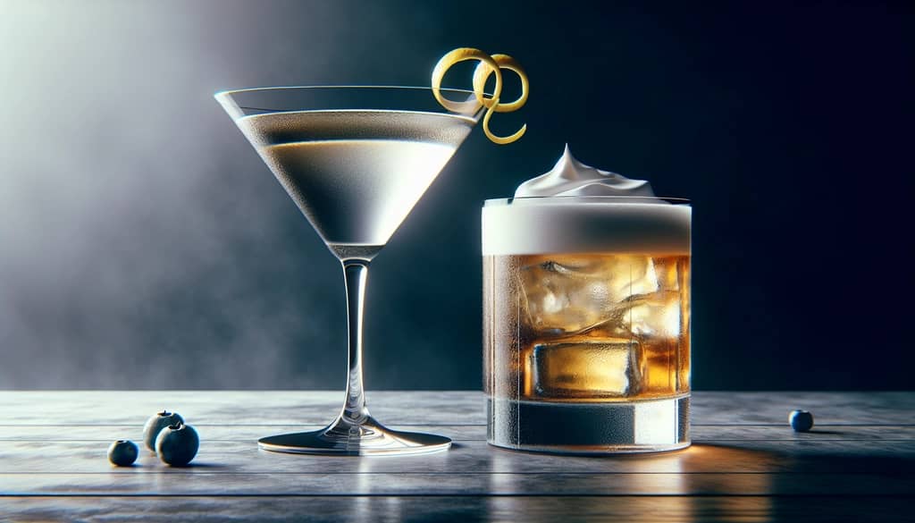 Stirred martini and shaken whiskey sour side by side