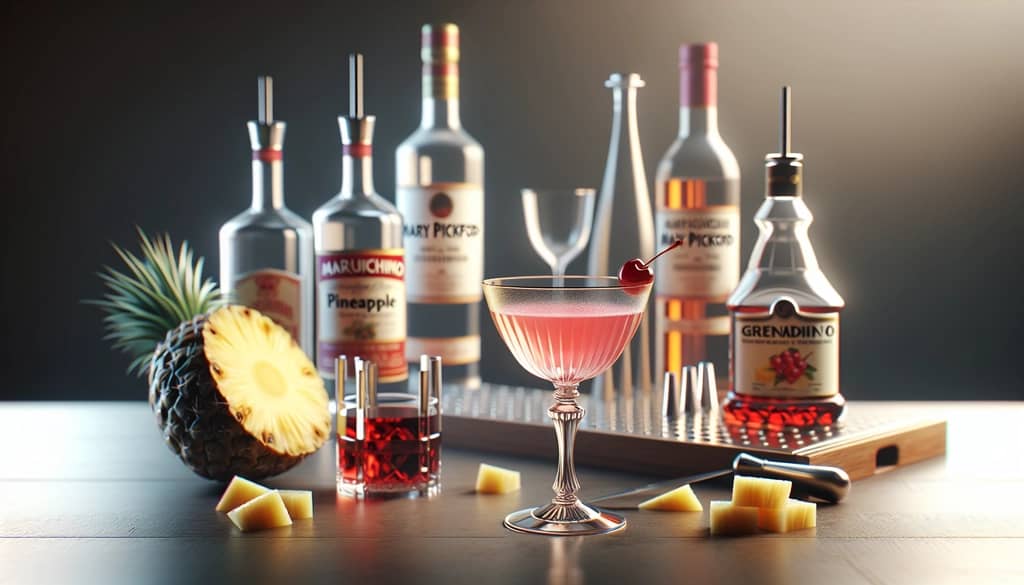 mary pickford ingredients and cocktail in coupe